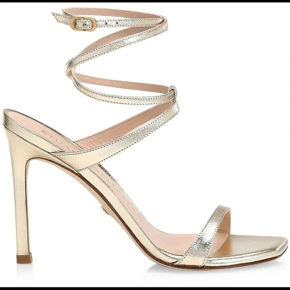 Stuart Weitzman Ellsie Ankle-Wrap Metallic Leather Sandals - Picture 6 of 6